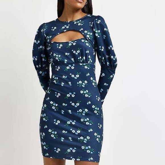 River Island Women's Floral Cutout Mini Dress, Navy, EU42 - Picture 1 of 1